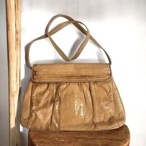 VTG Clemente Genuine Snakeskin Leather Crossbody Clutch Purse Tan Beige Foldover